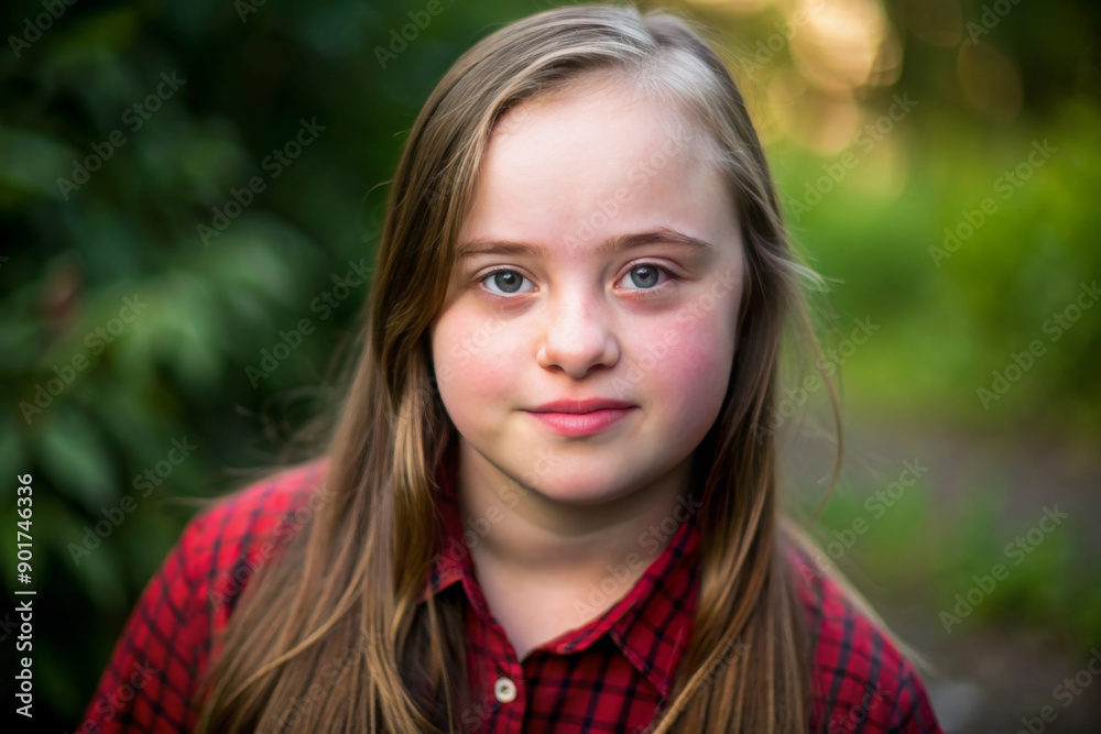 Pretty young woman with special needs in a summer park outdoors. Portrait of happy mentally disabled female with down syndrome smilling