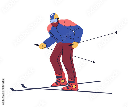 Personage wearing winter clothes and protective helmet practicing skiing. Isolated man sportsman or professional skier getting ready for competition. Vector cartoon character in flat style