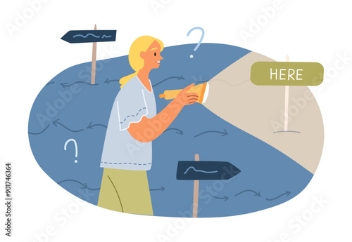 Woman holding torch light shining forward in the dark. Searching way out concept. Vector flat cartoon design illustration. Lost female looking for best solution, pathway from darkness
