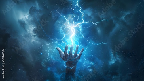 Hand holding up a lightning bolt. Energy and power. Stormy background. Blue glow. Zeus, thor