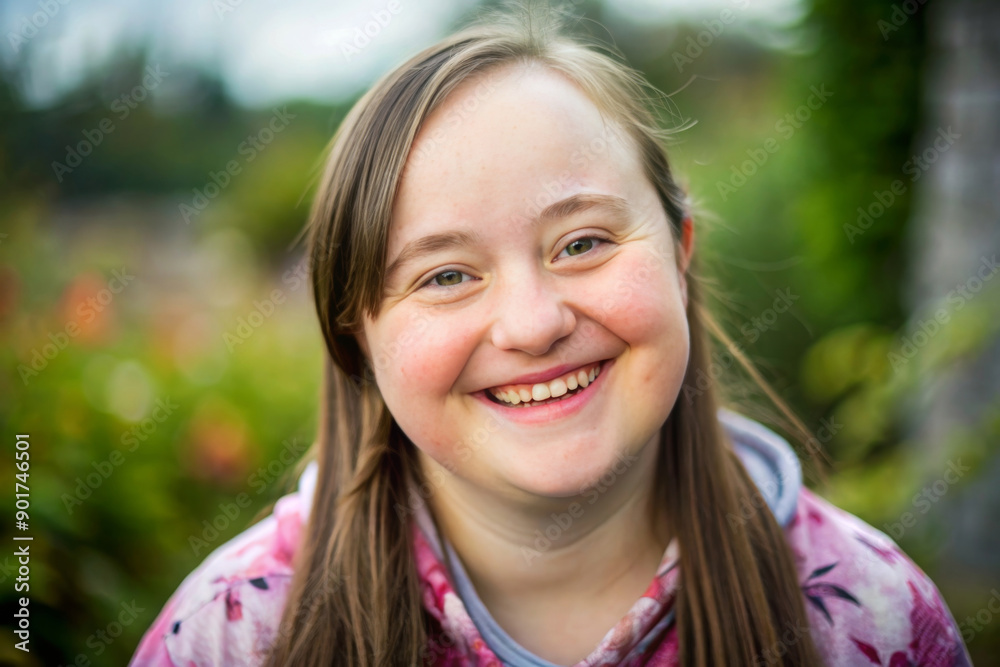 Pretty young woman with special needs in a summer park outdoors. Portrait of happy mentally disabled female with down syndrome smilling Pretty young woman with special needs in a summer park outdoors. Portrait of happy mentally disabled female with down syndrome smilling