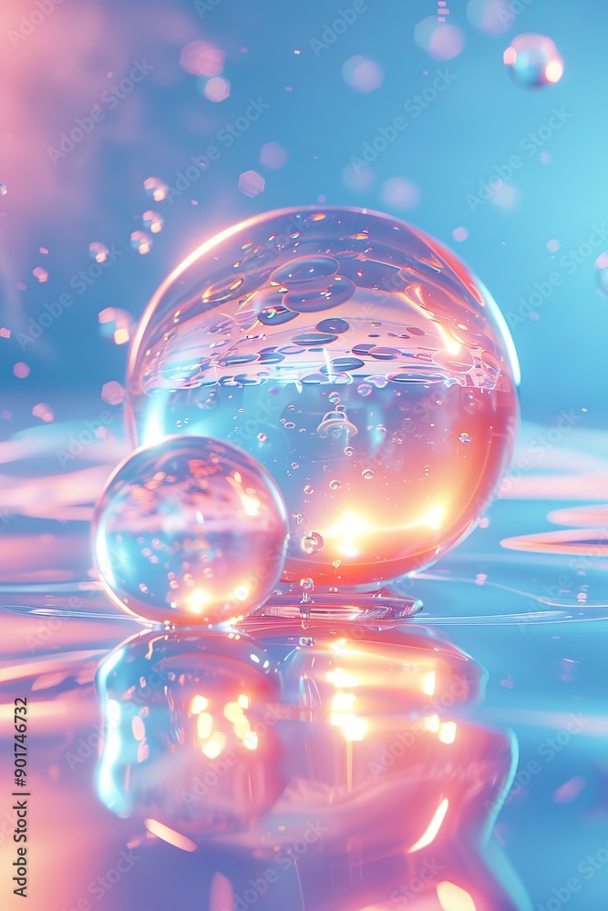 Two glass orbs on reflective surface with pink-blue hues Two glass orbs on reflective surface with pink-blue hues
