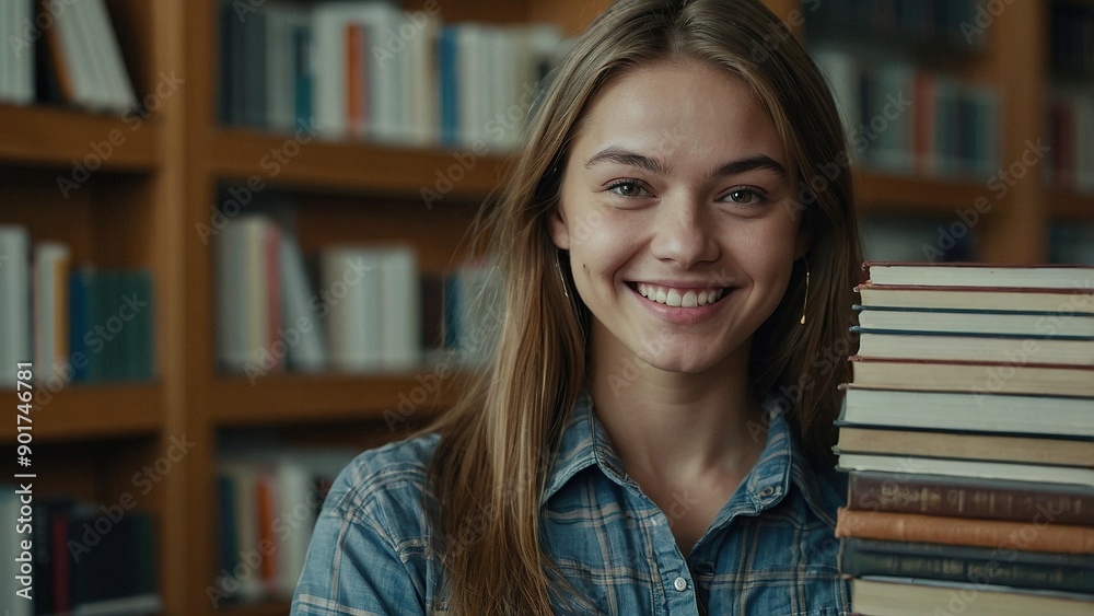 Young Student Smiling While Carrying Stack of Books in Modern Library Setting Young Student Smiling While Carrying Stack of Books in Modern Library Setting