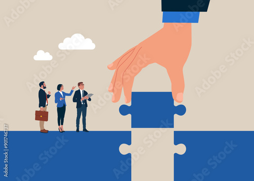 Hand connect a jigsaw puzzle together to create a bridge. Business deal, agreement, contract. Modern vector illustration in flat style