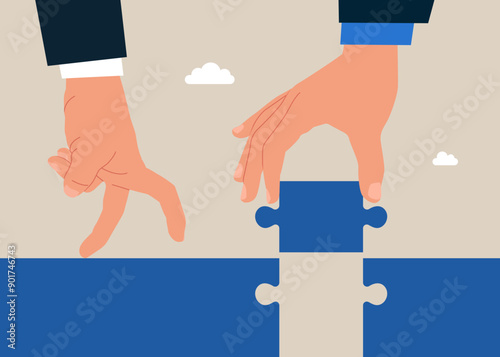 Connect a jigsaw puzzle together to create a bridge. Business deal, agreement, contract. Flat vector illustration