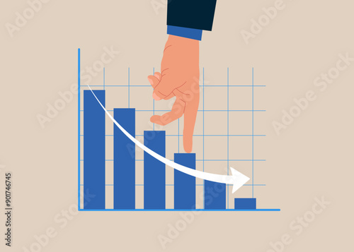 Work mistake, bankruptcy. Hand coming on a descending graph. Flat vector illustration.