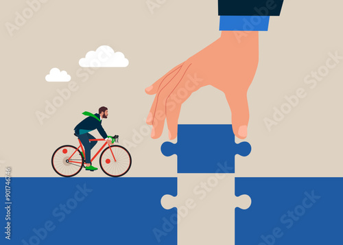 Connect a jigsaw puzzle. Businessman Commuter with Bicycle. Crossing bridge. Flat vector illustration.