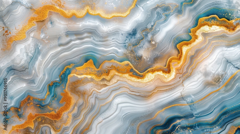 A stunning abstract marble design with ripples of gold, white, and blue hues.