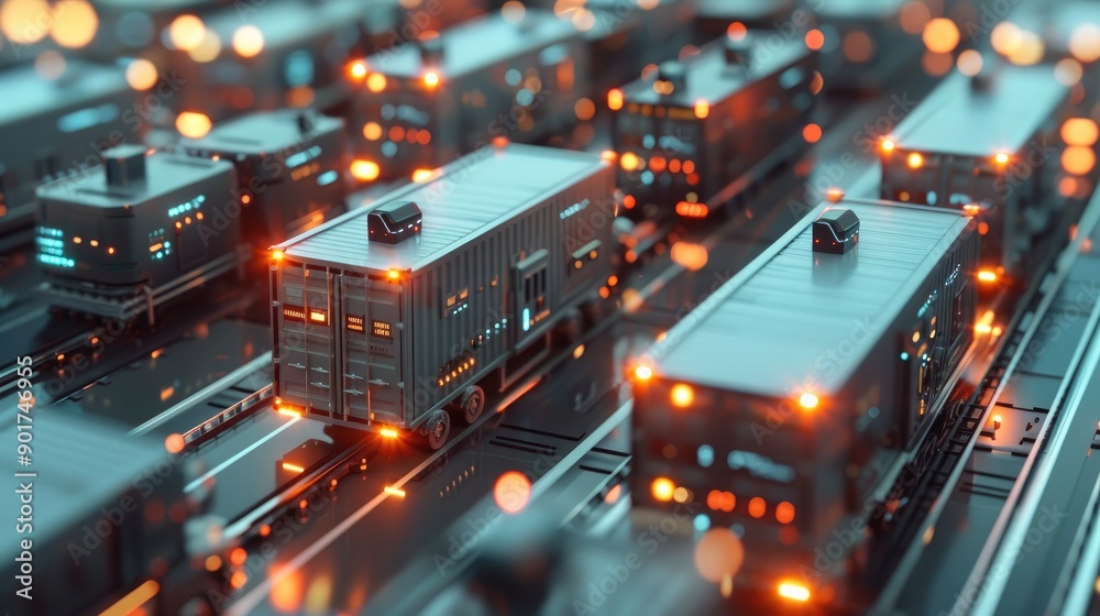 Fototapeta premium Future logistics IoT-enabled tracking devices, showcasing futuristic design in a global supply chain context, emphasizing real-time tracking and data analytics. Generative AI.