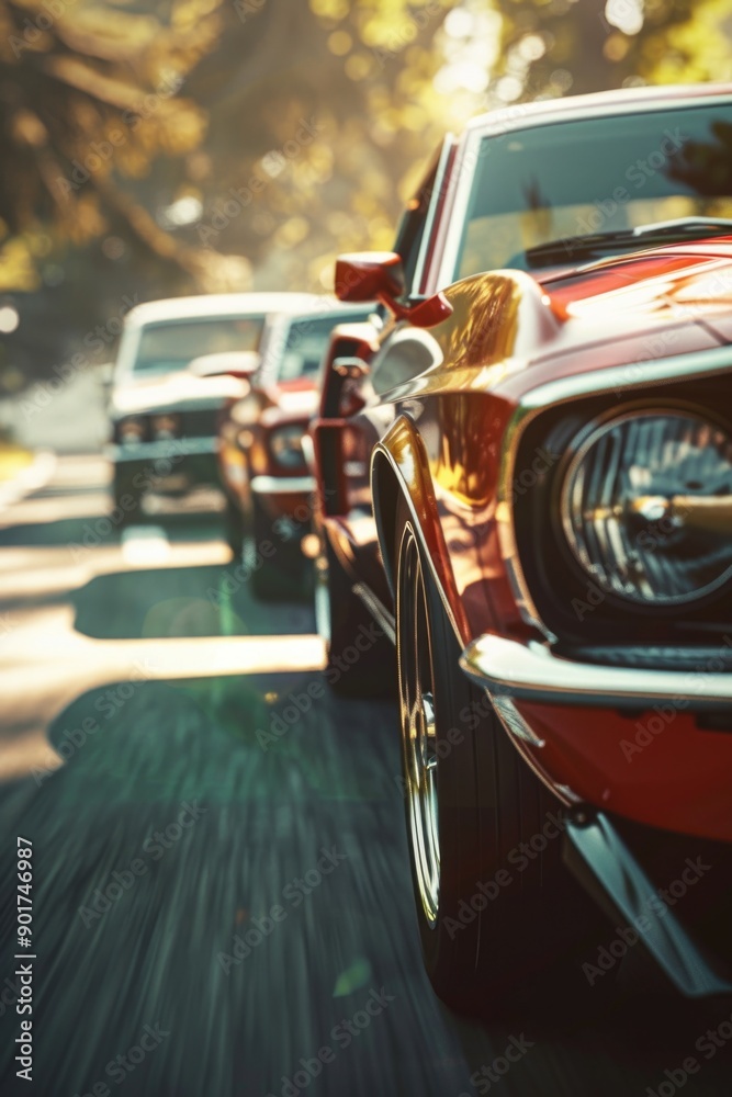 Fototapeta premium A red car drives alongside other vehicles on a city street