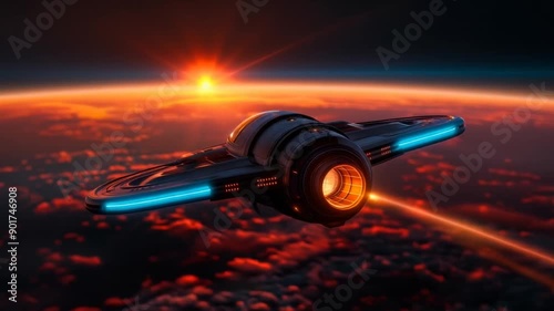 futuristic spaceship in the space and sunrise on the planet. 