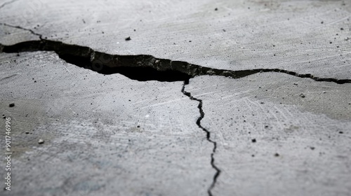 Close-up view of cracked concrete surface with crack lines photo