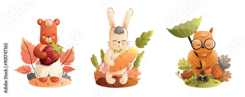 Chidren cute animal set. Illustrations of Forest Animals Set in an Enchanting Autumn Theme for All