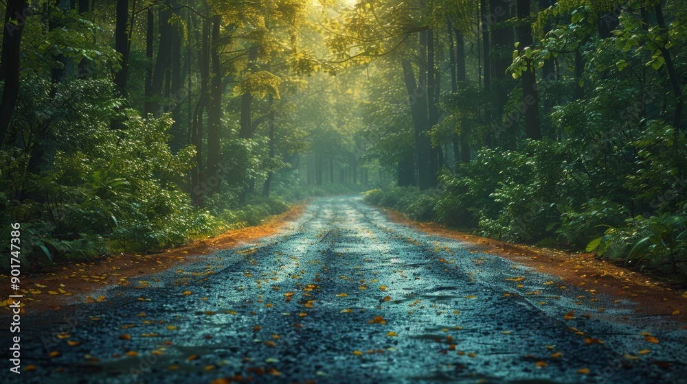 Fototapeta premium Tranquil Rain-Drenched Path Through Lush Green Forest at Early Morning Light. Generative AI