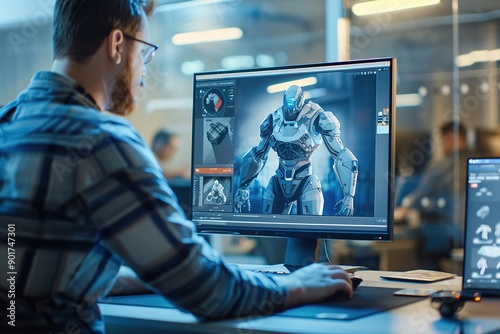 Man designing futuristic robot character on computer screen in m