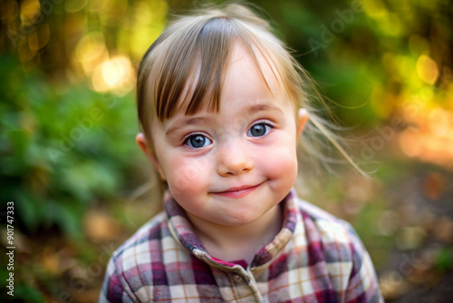 Pretty little child with special needs in a summer park outdoors. Portrait of happy girl with down syndrome having fun and laugh. © Yekatseryna