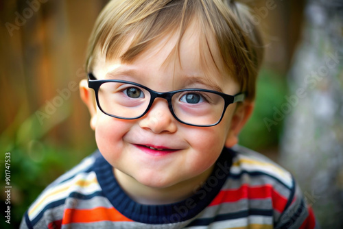 Pretty little child with special needs with glasses. Portrait of happy boy with down syndrome having fun and laugh.