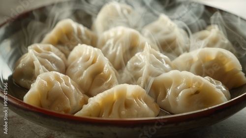 A plate of steaming dumplings, the hot vapor curling upwards, emphasizing their deliciously cooked perfection on a plain background.