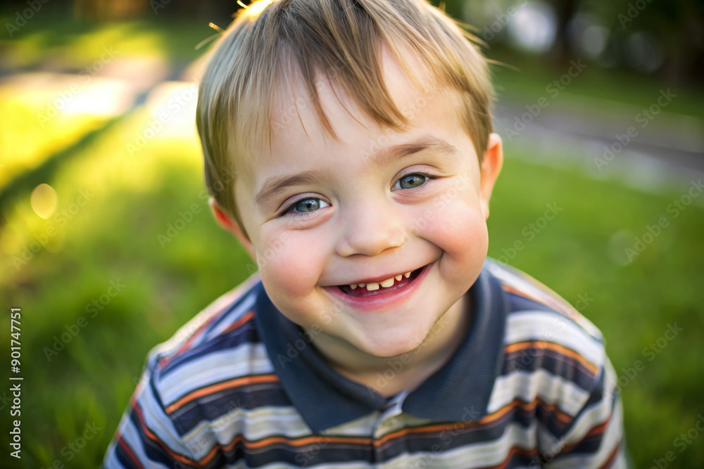 Pretty little child with special needs in a summer park outdoors. Portrait of happy boy with down syndrome having fun and laugh. Pretty little child with special needs in a summer park outdoors. Portrait of happy boy with down syndrome having fun and laugh.