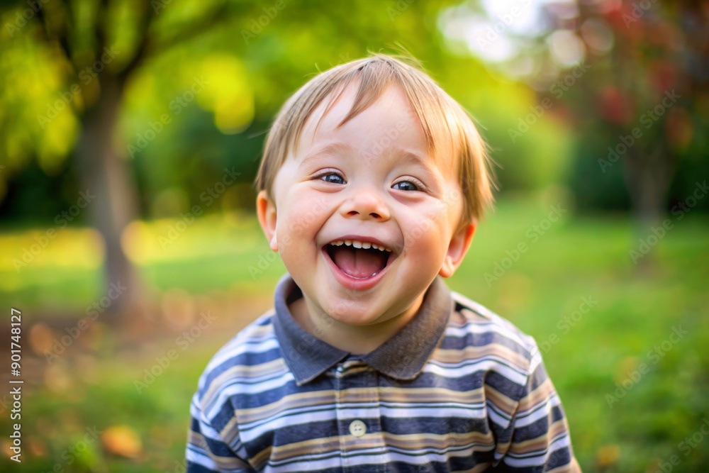 Pretty little child with special needs in a summer park outdoors. Portrait of happy boy with down syndrome having fun and laugh. Pretty little child with special needs in a summer park outdoors. Portrait of happy boy with down syndrome having fun and laugh.