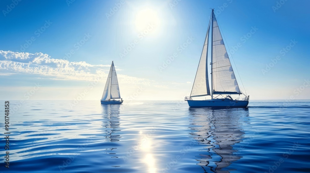 Obraz premium Two sailboats sailing calmly on a clear, sunny day.