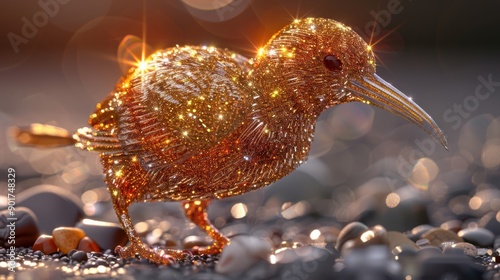 Glittering 3D rendering of a kiwi bird icon, symbolizing science and creativity in a captivating visual style. © MakoPoko