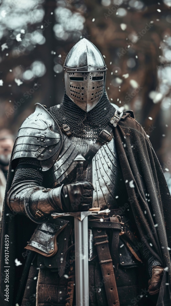 A valiant knight awaits in a mystical forest, snow softly falling around him A valiant knight awaits in a mystical forest, snow softly falling around him