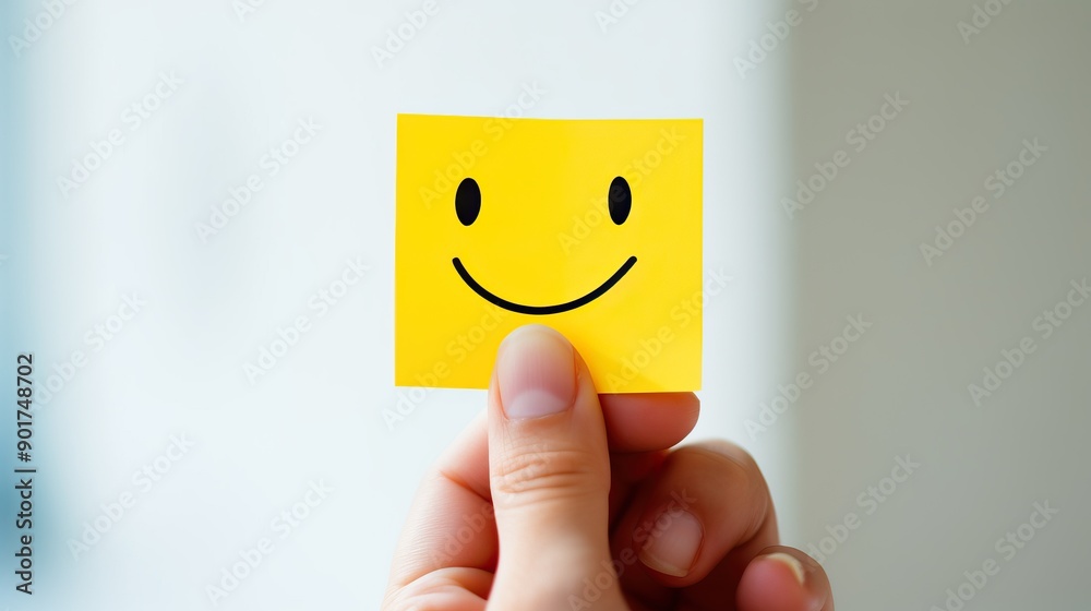 Hand and holding a sticky note with a smiley face, minimalistic design ...