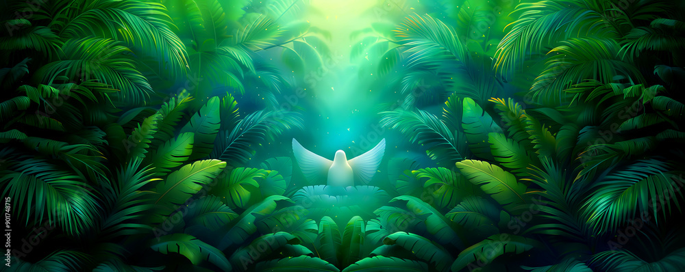A serene scene of lush greenery illuminated by soft light, featuring a peaceful dove amidst vibrant tropical foliage. A serene scene of lush greenery illuminated by soft light, featuring a peaceful dove amidst vibrant tropical foliage.