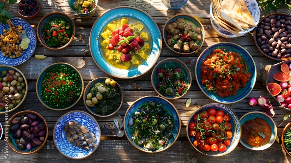 Vibrant Mediterranean Mezze Spread on Rustic Wooden Table Vibrant Mediterranean Mezze Spread on Rustic Wooden Table