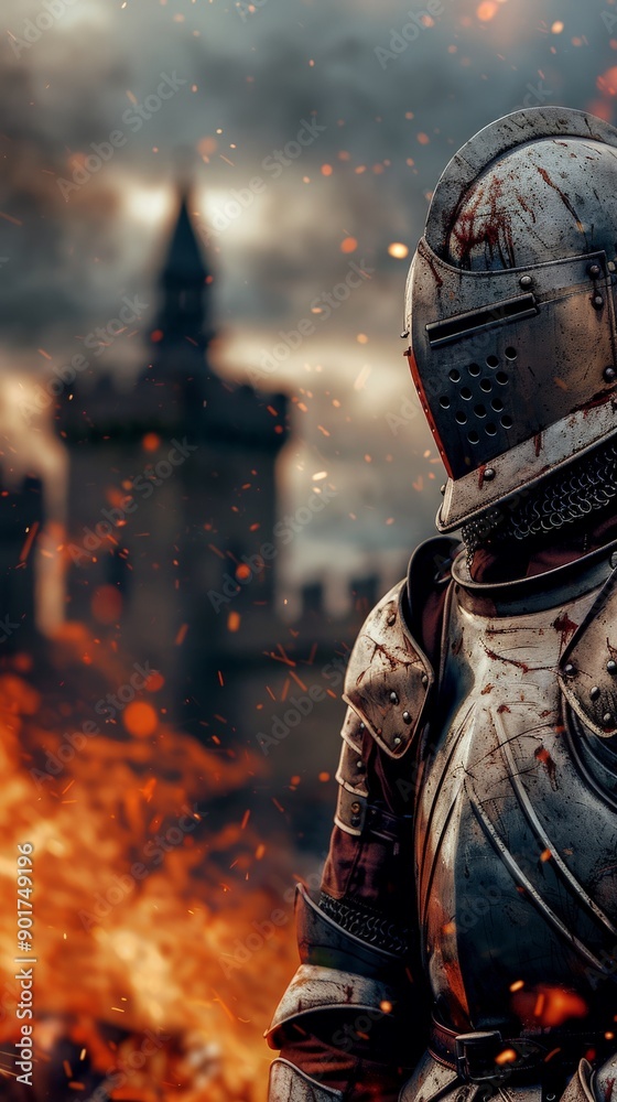 A valiant knight stands resolute against the backdrop of flames and ruins A valiant knight stands resolute against the backdrop of flames and ruins