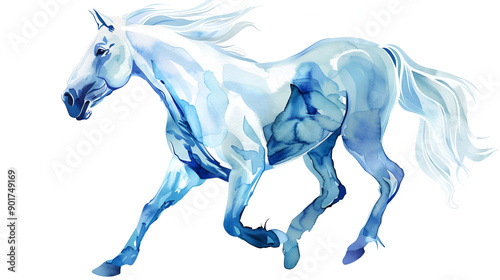 a white horse painted in blue colors on a white background in watercolorillustration Mammals isolated on white Photo realistic photo photo