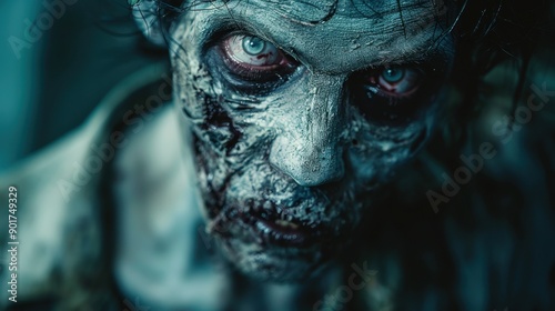 An eerie zombie face, its features grotesquely distorted and skin ghostly pale, set against a shadowy backdrop.