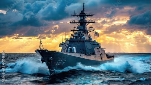 A modern American warship cuts through the deep blue ocean, its powerful silhouette set against crashing waves and a cloudy sky.