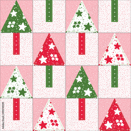 Vector Christmas tree Patchwork Seamless pattern. Christmas, New Year, Winter Holidays. Decorative Abstract Geometric Mosaic Pattern in Folk Style. Quilting Background.