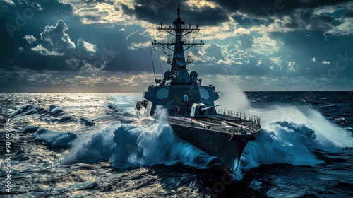 A modern American warship cuts through the deep blue ocean, its powerful silhouette set against crashing waves and a cloudy sky.