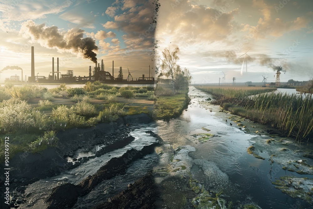 Fototapeta premium Industrial Pollution and Clean Nature. Global warming and climate change theme background. AI generated image