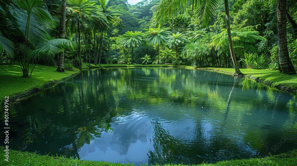 A tranquil scene of a lush green forest with tropical trees surrounding a serene pond, capturing the essence of tranquility and natural beauty. A tranquil scene of a lush green forest with tropical trees surrounding a serene pond, capturing the essence of tranquility and natural beauty.