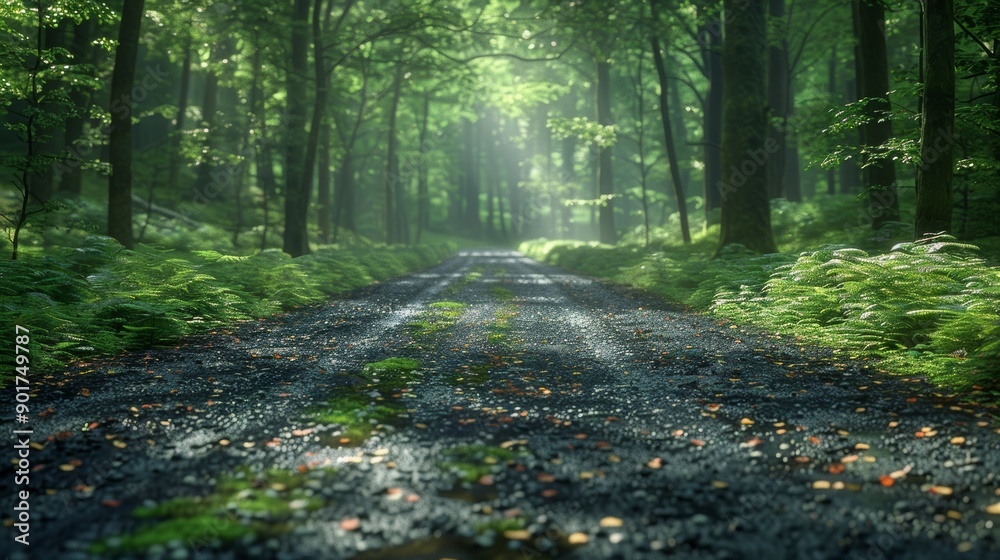 Obraz premium Serene Gravel Path Through Lush Green Forest Under Gentle Sunlight in Early Morning. Generative AI