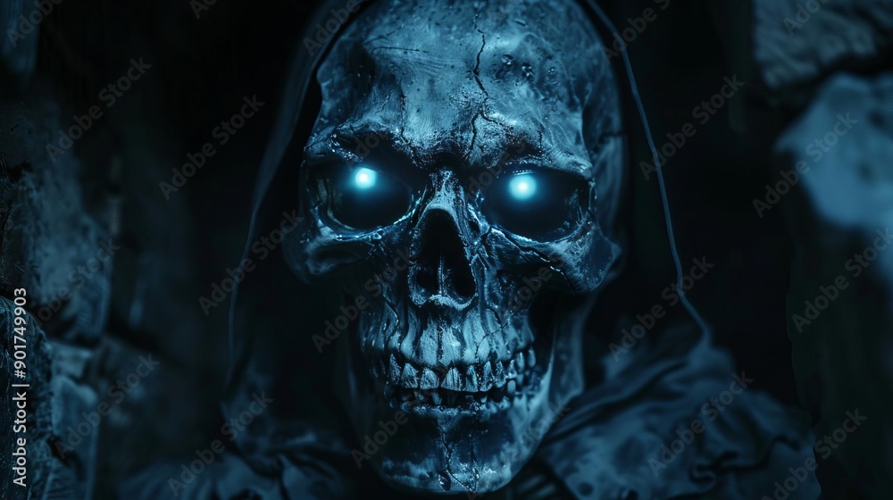 Grim specter with a skeletal face, glowing eyes in a dark crypt, ominous and foreboding atmosphere, specter skull grim Grim specter with a skeletal face, glowing eyes in a dark crypt, ominous and foreboding atmosphere, specter skull grim