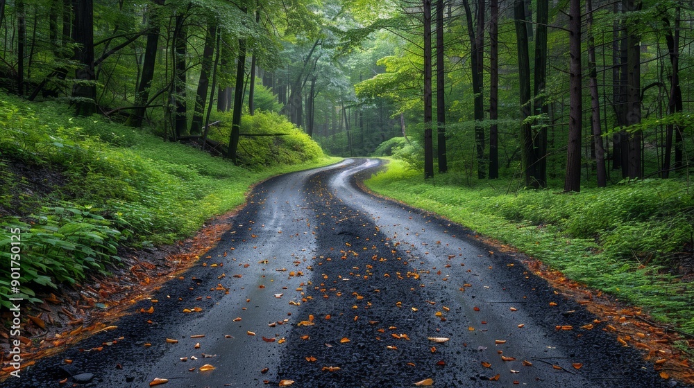 Fototapeta premium Winding Gravel Path Through Lush Green Forest Surrounded by Tall Trees in Early Morning. Generative AI