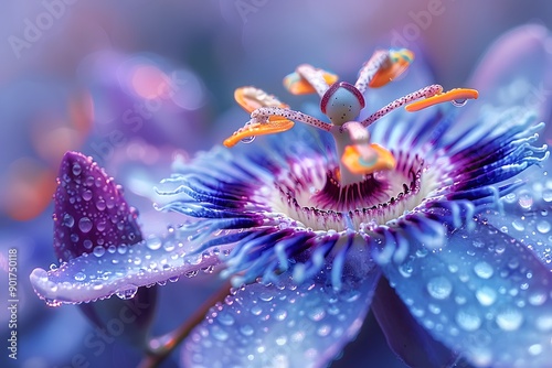 Passion Flower in Close-Up with Dew Drops