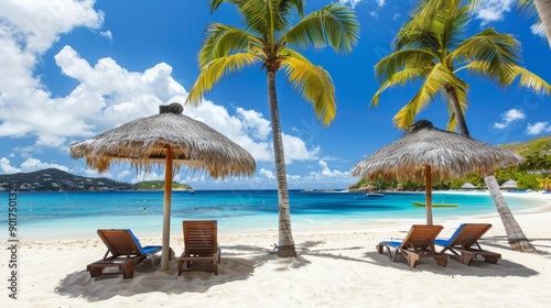 Beach paradise with blue ocean and palm-topped umbrellas. photo