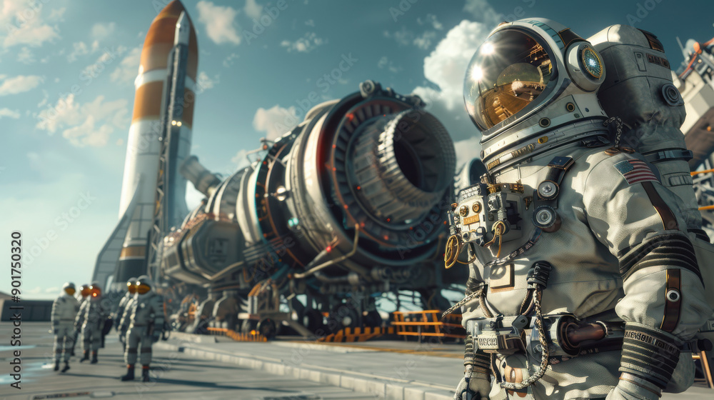 A photograph of a team of astronauts in front of a colossal rocket, clad in detailed space suits, with beaming smiles A photograph of a team of astronauts in front of a colossal rocket, clad in detailed space suits, with beaming smiles