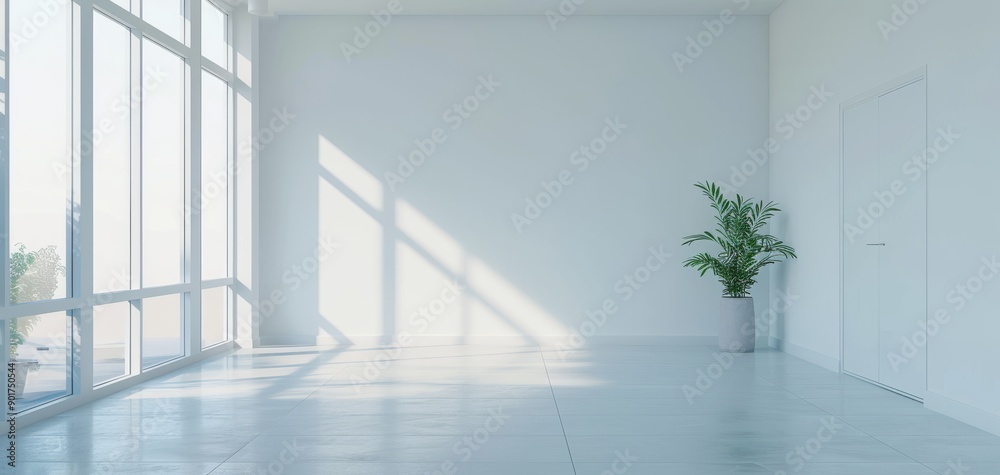 Bright and spacious empty room with large windows and a potted plant. Natural light creating a serene and minimalist interior space. Bright and spacious empty room with large windows and a potted plant. Natural light creating a serene and minimalist interior space.