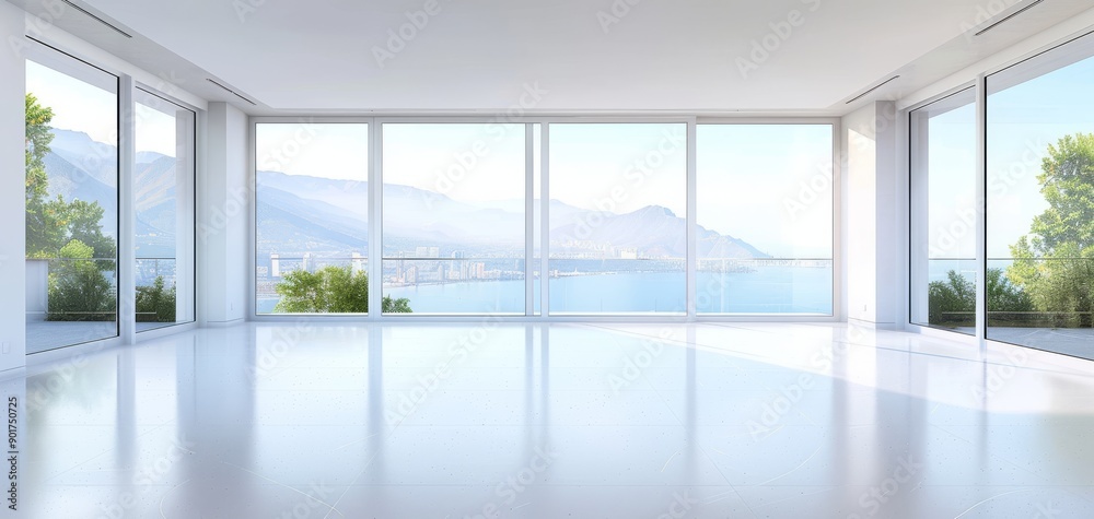 Fototapeta premium Spacious modern room with large windows providing scenic views of mountains and sea, ideal for real estate and interior design inspiration.