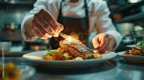 Fototapeta Naklejka Na Ścianę i Meble -  Culinary Artistry: Chef Plates Grilled Salmon with Vegetables in Fine Dining Restaurant