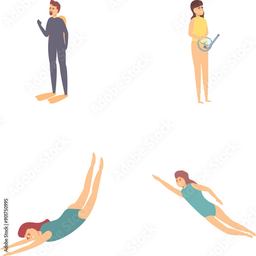 Free diving icons set cartoon vector. Active young people diving and swimming. Water sport