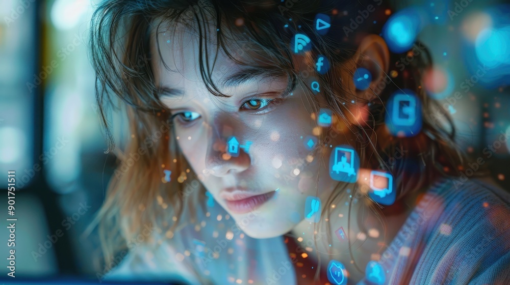 Overloaded Generation: Teenager Immersed in Digital Addiction with Multiple Apps, Double Exposure Futuristic Concept on Desk Background Overloaded Generation: Teenager Immersed in Digital Addiction with Multiple Apps, Double Exposure Futuristic Concept on Desk Background