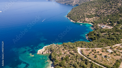 Drone view of the sea coast. Rocky shore and sea water. Vacation and travel. Summer seascape. aerial view. Image for cards, background, wallpaper or design.